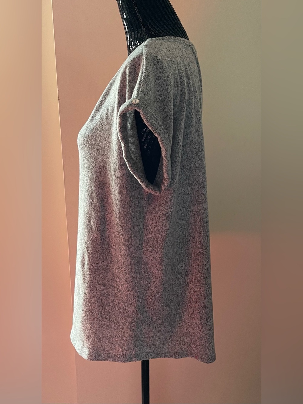 Heathered Grey Short Sleeve Knit Top Jewelled Bling Detail - Picture 3 of 7